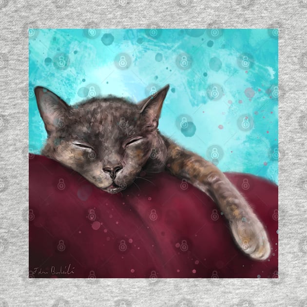Painting of a Gray Cat Sleeping on a Red Couch on Blue Background by ibadishi